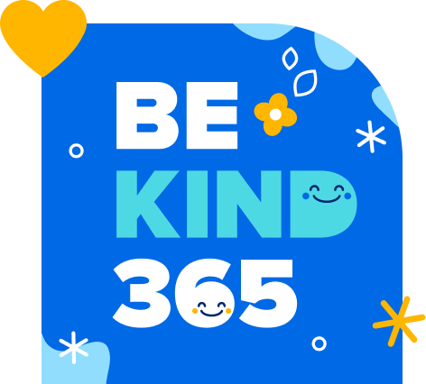 Adorable "Be Kind 365" typography on a sparkly blue background with a yellow heart.