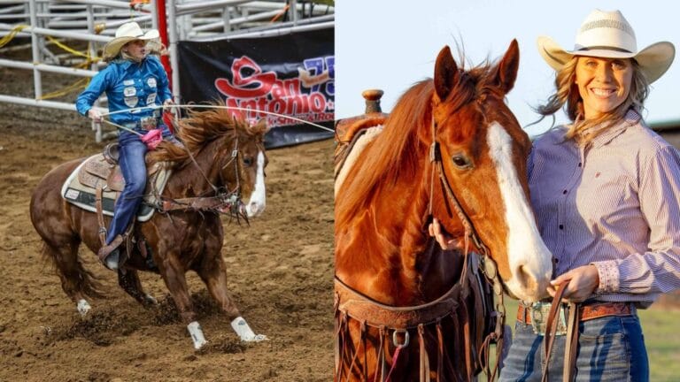 A woman riding a horse alongside another woman wearing a cowboy hat, showcasing a connection to equestrian culture.