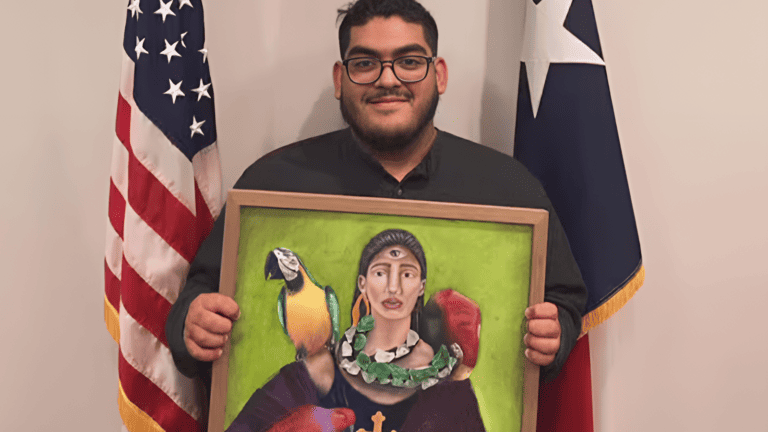 A man proudly displays a painting of a woman accompanied by a colorful parrot.