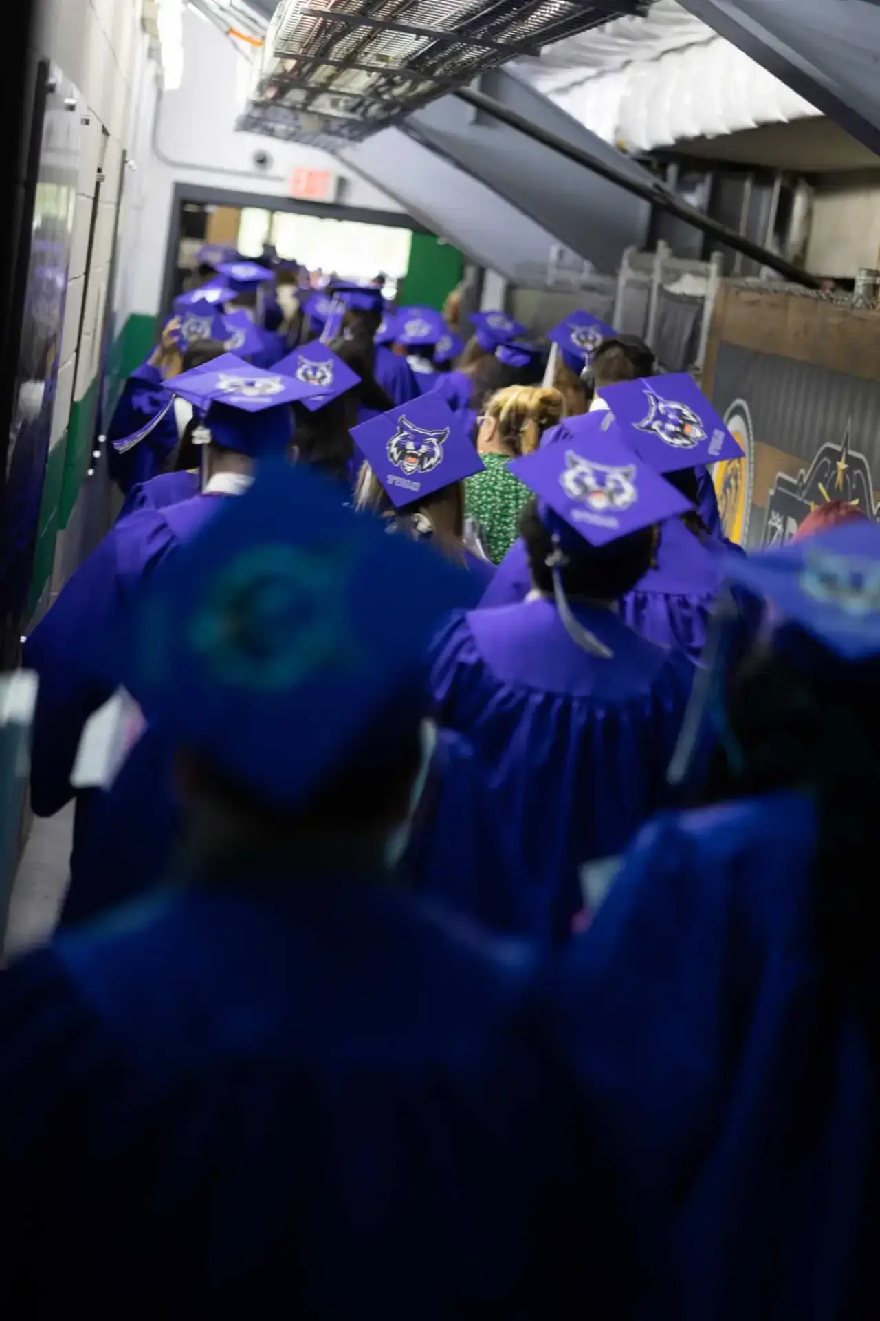 Graduates in purple gowns and mortarboards walk down a corridor, anticipation in the air. Caps feature custom designs, adding a celebratory tone.